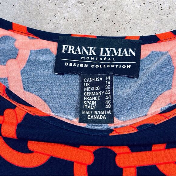 Frank Lyman Chain Print Knit Top Women’s Size 14 Navy Blue Orange Bell Sleeves - Picture 11 of 12